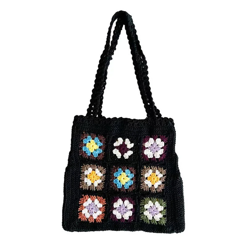 Bohemian Floral Granny Square Handmade Crochet Knit Shoulder Bag