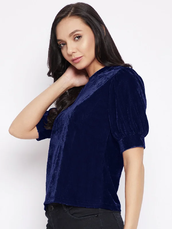 Stretchable Velvet High Neck Puff Sleeve Top