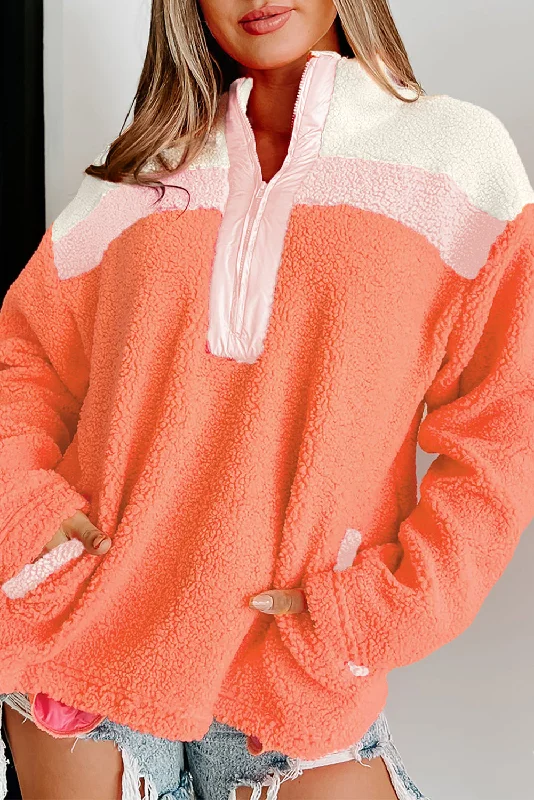 Orange Colorblock Zipper Stand Neck Sherpa Sweatshirt