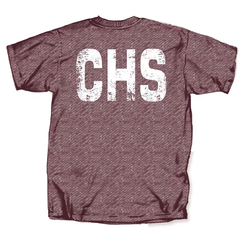 Distressed CHS Airport Code Short Sleeve T-Shirt in Heather Maroon