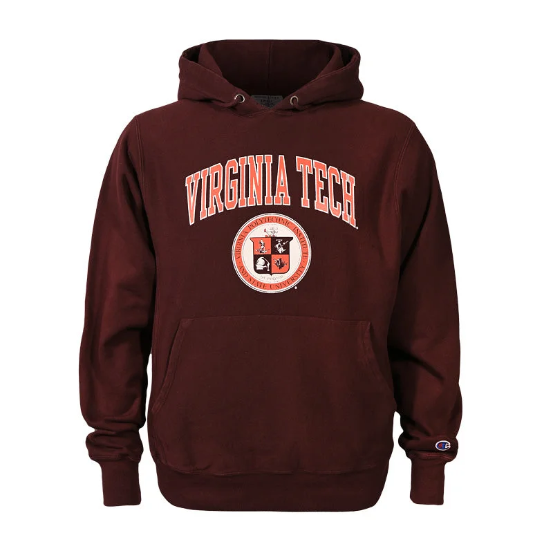 Virginia Tech Garment Dyed Reverse Weave University Seal Hooded Sweatshirt: Maroon by Champion