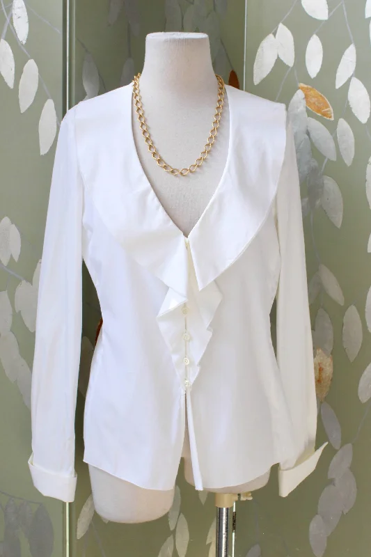 Armani Shawl Collar White Cotton Blouse, Small