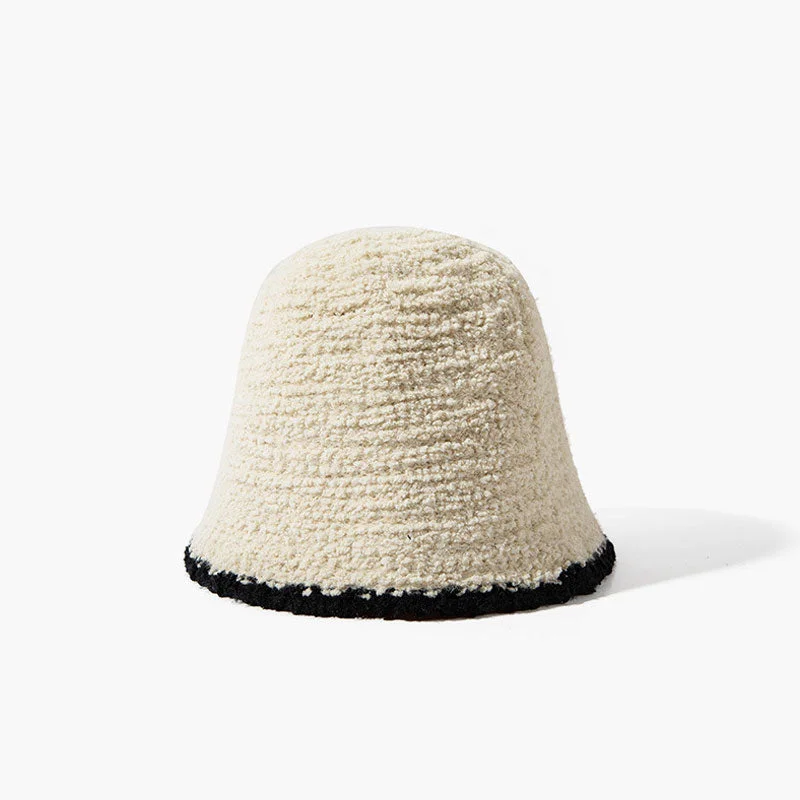 Chic Monochrome Contrast Trim Textured Fleece Knitted Bucket Hat