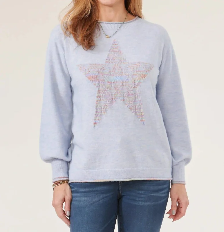 High Round Neck Space Dye Star Sweater In Blue