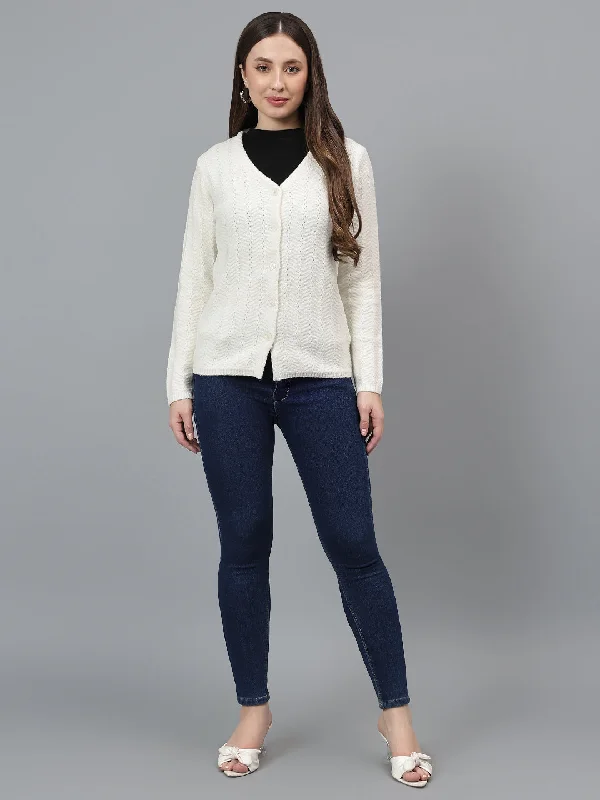 Women's Self Design Ivory Full Sleeves Casual Sweater