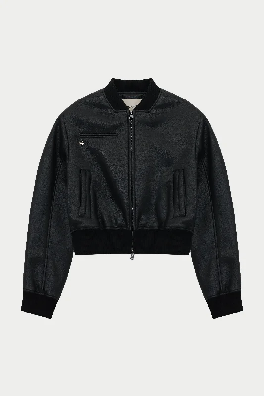 FAUX LEATHER SHOULDER PADDED BOMBER JACKET - BLACK