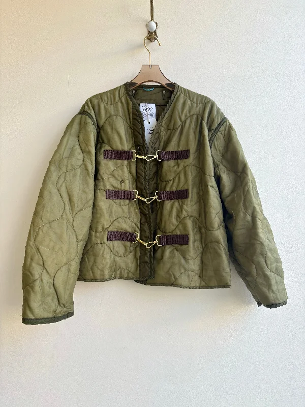 Olive Green Army Liner Quilted Coat w/ Brown Canvas & Gold-Tone Clasps