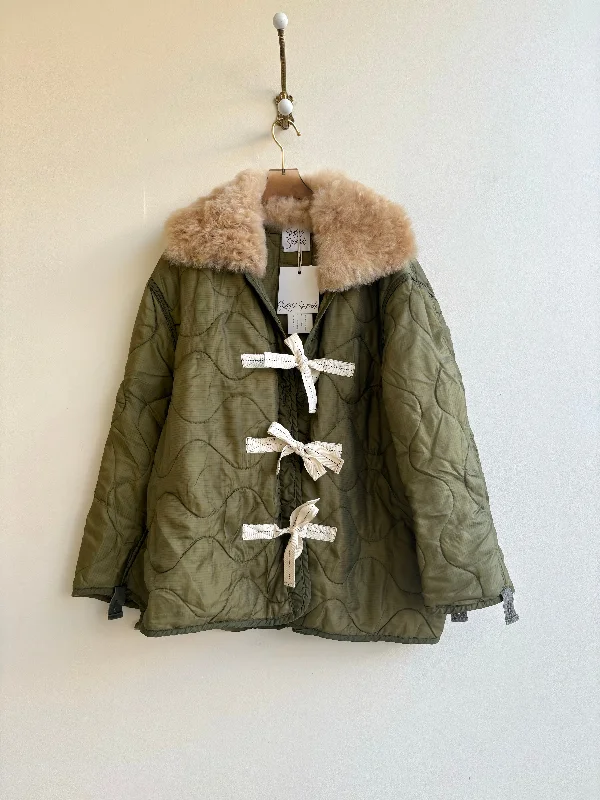 Olive Green Army Liner Quilted Coat w/ Cream Alpaca Fur Collar & Twill Tape Ties (Reworked)