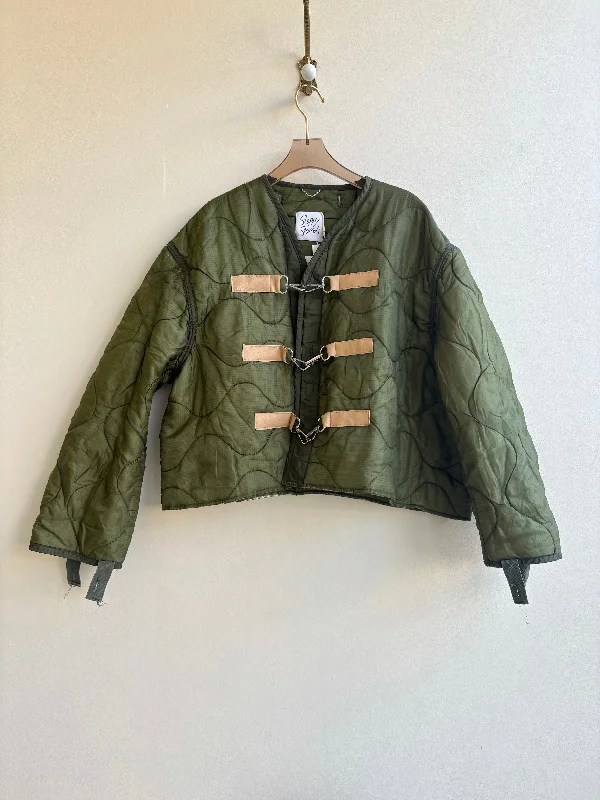 Olive Green Army Liner Quilted Coat w/ Tan Leather & Gold-Tone Clasps