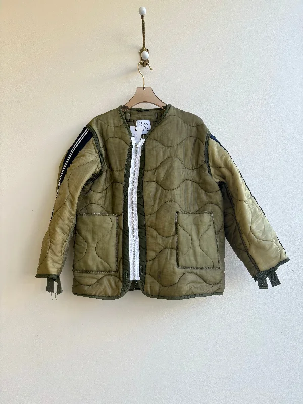 Olive Green Army Liner Quilted Zip-Up Coat w/ Navy White Striped Sleeves