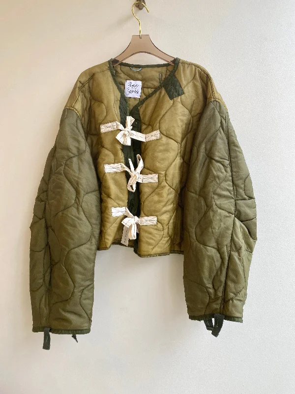 Two Tone Olive Green Army Liner Quilted Coat w/ Twill Tape Ties (Reworked)