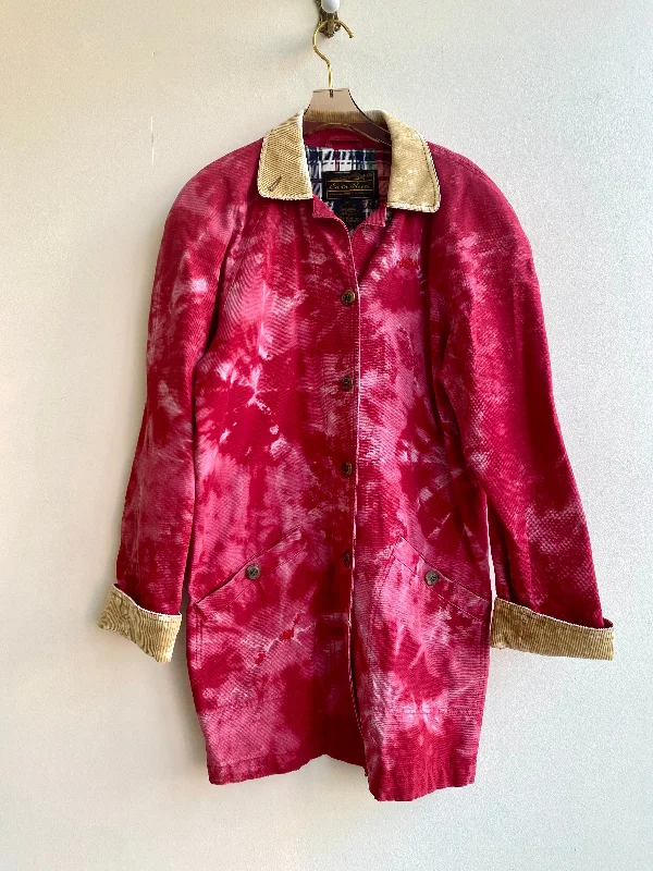 Vintage Hand Dyed Red Button Up Denim Trench Coat w/ Corduroy Accent (Reworked)