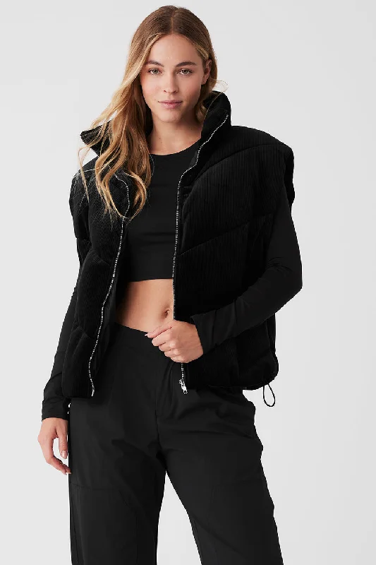 Ribbed Velour Mountain Side Puffer Vest - Black