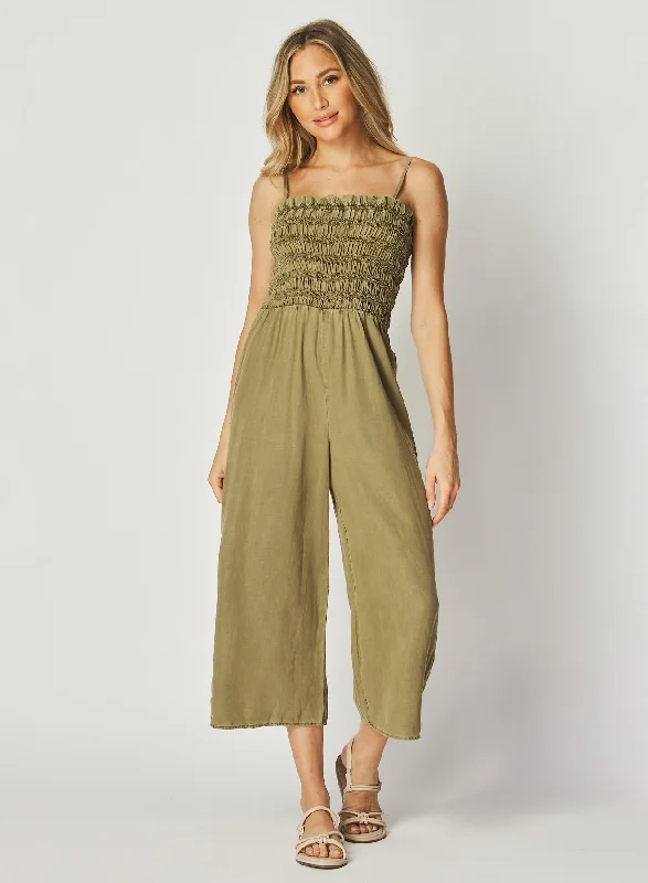 Wide Leg Smocked Ruffle Jumpsuit - French Olive