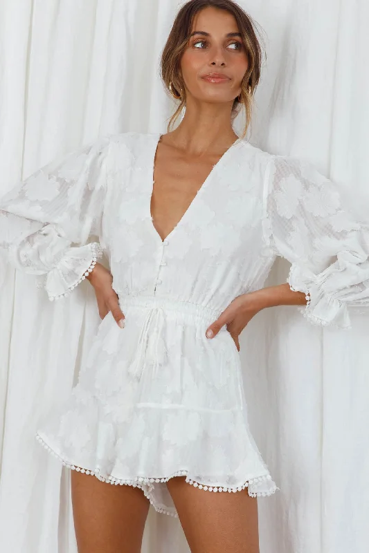 Live Free Button-Up Bodice Long Sleeve Romper White