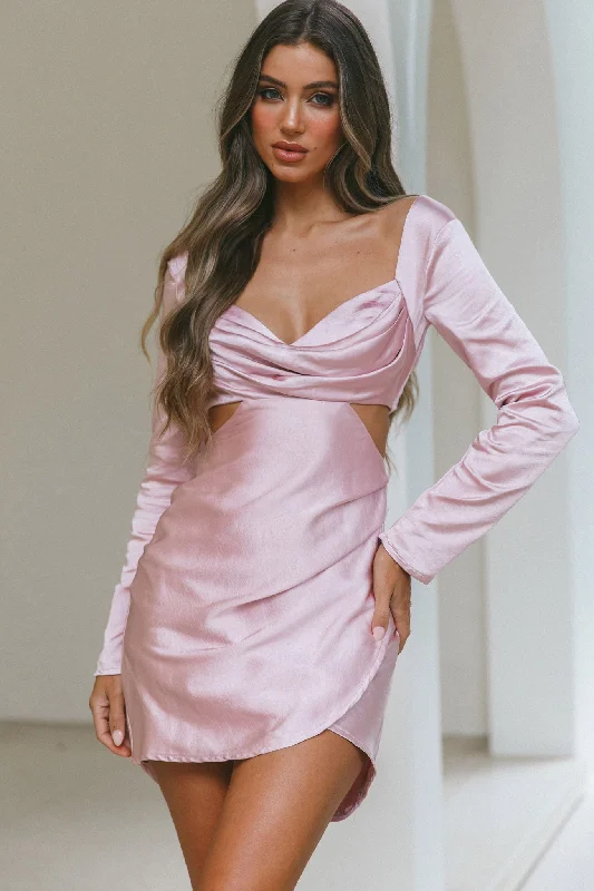 Shaken Not Stirred Cut-Out Waist Long Sleeve Pleat Mini Dress Blush