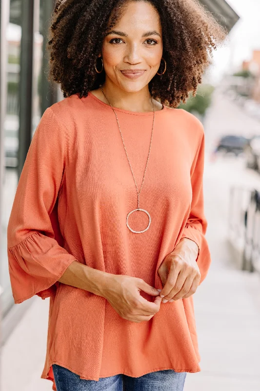 Play Your Cards Right Rust Orange Ruffled Top