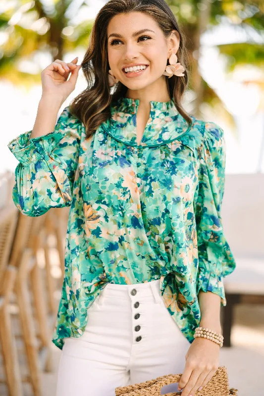 Wherever You Go Emerald Green Floral Blouse