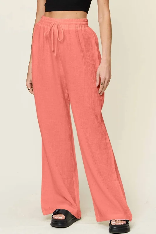 Wide Leg Drawstring Pants In Watermelon Pink